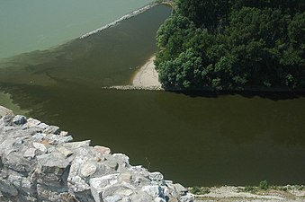 Lorsque la qualité des eaux est très différente, le point de confluence peut avoir des caractéristiques particulières (sédimentaire, de courants et écologiques), comme ici entre la Morava (foncée) et le Danube (clair).