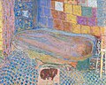 Tableau représentant en plongée, sur fond de carrelages de différentes tailles, formes et couleurs, une baignoire avec une femme allongée dans l'eau
