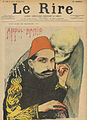 Абдул Хамид II, изобразен като „Червения султан“ поради арменските кланета в Османската империя по време на неговото управление (корица на списание Le Rire, 29 май 1897)