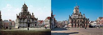 Vue de la mairie de Delft depuis la place Markt (à gauche vers 1900, à droite le 27 avril 2020).