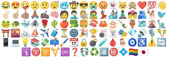 A variety of emoji as they appear on Google's Noto Color Emoji set, as of 2024.