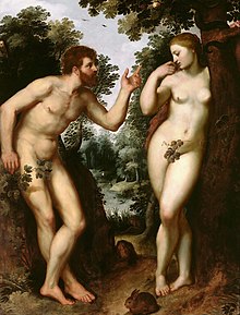 peinture représentant deux personnages nus debout dans la nature, un homme barbu à gauche et une femme à droite, tournés l'un vers l'autre. La femme s'appuie sur un arbre autour duquel s'enroule un serpent.