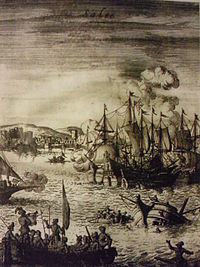 Les corsaires faisant couler des vaisseaux chrétiens au large de Salé, gravure du XVIIe s.
