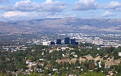 Woodland Hills, California, in the foreground, including Warner Center, from the Top of Topanga Overlook