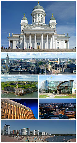 Clockwise from top: View of central Helsinki along the Mannerheimintie street, Helsinki Cathedral, Sanoma building and Kiasma, Helsinki city centre at night viewed from Hotel Torni, beaches at Aurinkolahti, Parliament House and Suomenlinna.