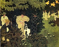 Tableau représentant dans les verts et bruns quatre personnages avec des cannes au premier plan, à demi-masqués par la verdure, et au loin une ronde de jeunes filles.