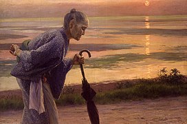 Peinture d'une vieille femme en bord de mer lors d'un coucher de soleil.