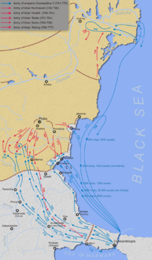 Carte figurant les campagnes militaires entre les Byzantins et les Bulgares sous Constantin V.