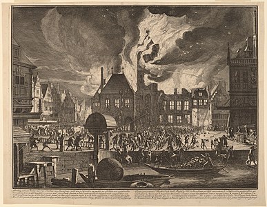 Incendie de l'ancien hôtel de ville d'Amsterdam, gravure sur acier (c. 1690, National Gallery of Art).