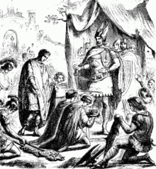 Gravure montrant Romulus Augustule, agenouillé devant un homme à casque ailé, lui donnant les insignes impériaux