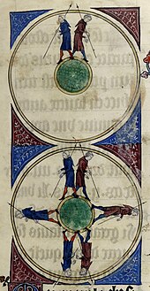 Enluminure représentant deux personnages partant du haut d'une sphère miniature et se retrouvant en bas.