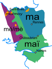 Carte de la Haute-Bretagne montrant les variations de prononciation de « moi » selon les régions.
