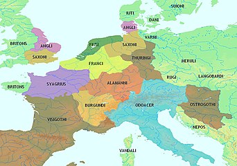Répartition des tribus « barbares » en Europe de l'Ouest au Ve siècle.