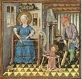 Enluminure du Livre d'Heures de Catherine de Clèves (c. 1440) : dans La Sainte famille au travail, Jésus est en trotteur