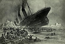 Dessin du Titanic sombrant. La poupe est hors de l'eau.