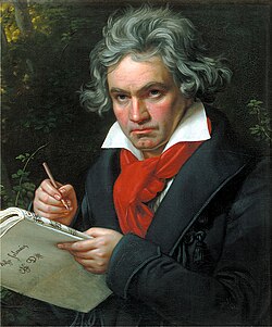 Бетховен с партитурата на Missa Solemnis („Тържествената меса“), худ. Йозеф Щилер, 1820 г.
