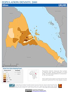 Carte de la densité de population de l'Érythrée avec une légende.