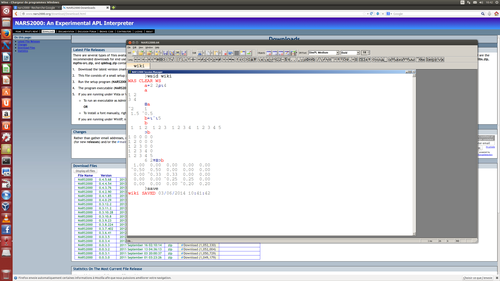 Nars2000, implémentation Open Source d'APL sous Windows, ici utilisée depuis Wine sous le système d'exploitation Ubuntu