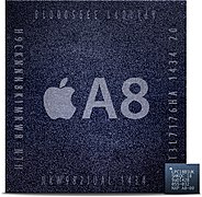 Deux processeurs noirs de tailles différentes, un très gros supportant le logo Appel et les caractères A8, un très petit supportant une inscription alphanumérique.