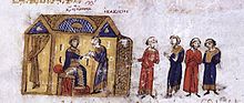 Enluminure montrant en plusieurs scénettes, de droite à gauche, un homme venant implorer un souverain couronné, assis dans un bâtiment.