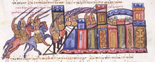 Photographie de la page d'un manuscrit représentant la prise d'assaut d'une ville fortifiée.