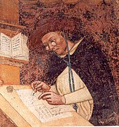 Fresque représentant un homme en habits de moine portant des lunettes rondes en train d'écrire sur un pupitre