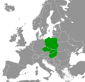 Carte où apparaissent Pologne, Tchéquie, Slovaquie et Hongrie (en vert).