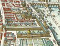 Carte de Mérian : le Louvre, les Tuileries et la Galerie du bord de l'eau en 1615. On y aperçoit la porte Saint-Honoré et l'Hospice des Quinze-Vingts (à gauche), ainsi que le tour du Bois (à droite). La porte et la tour formant une partie de l'enceinte de Charles V. Ces fortifications seront comblées et détruites sous Louis XIII.