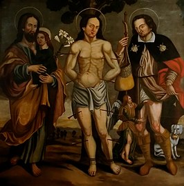 Saint Roch (à droite) et saint Sébastien (au centre) sont deux saints protecteurs de la peste, église St-Barthélémy de Vaugines.