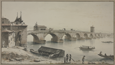 Vue de l'ancien pont de la Guillotière au XVIIIe siècle, premier sur le Rhône.