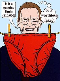 Dessin d'un homme contemplant une culotte et se demandant « Is it a genuine Emin (£ 10.000) or a worthless fake? »
