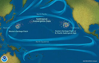 Carte de localisation des vortex de déchets dans l'océan Pacifique nord et des principaux courants