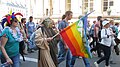 Manifestant (costumé en Yoda) avec le drapeau de la paix français.