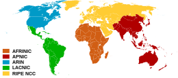 Kaart van de wereldwijde Regional Internet Registry's