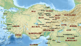 Localisation des régions et principales villes de l'Anatolie hittite.