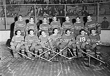 Photo noir et blanc des 14 joueurs des Canadiens de Montréal qui posent sur deux rangs sur la patinoire devant un grillage qui les sépare des gradins et des spectateurs.