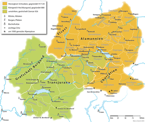 Les Alamans répartis entre le duché de Souabe et le royaume de Bourgogne au Xe siècle.