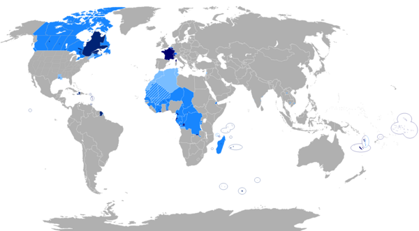 Le français dans le monde : bleu foncé : langue maternelle ; bleu : langue officielle; bleu hachuré : langue administrative, de travail et d'enseignement ; bleu clair : langue de culture