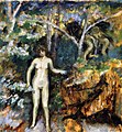 Tableau représentant une jeune femme nue aux contours un peu flous, de même que les arbres et rochers qui l'entourent, au milieu desquels courent deux autres personnages nus