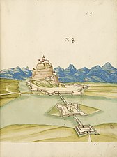 Daniel Specklin, Architectura von Festungen (1583), p. 59, plume, encre, aquarelle.