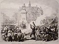 Gravure de juillet 1871 représentant la guillotine brûlée aux pieds de la statue de Voltaire par des parisiens et des communards le 6 avril[11].