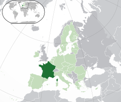  France métropolitaines placering  (mørkegrøn) – på det europæiske kontinent  (grøn og mørkegrå) – i den Europæiske Union  (grøn)  –  [Forklaring]