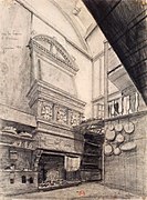 Intérieur d'une maison du quartier des Lances à Morlaix (dessin d'Alfred Guesdon datant de 1833)