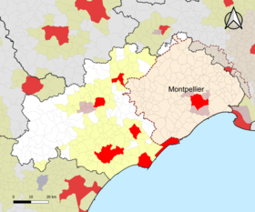 Localisation de l'aire d'attraction de Montpellier dans le département de l'Hérault.