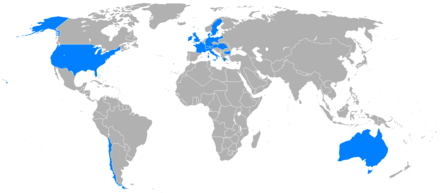 Carte du monde avec, en bleu, les pays participants.