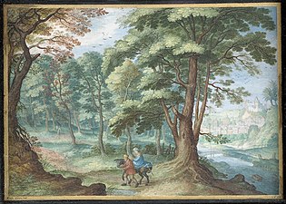 Friedrich Brentel, Paysage avec la Fuite en Égypte (1638), gouache sur vélin.