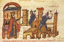 Photographie d'un dessin d'un manuscrit représentant la destruction d'objets religieux.