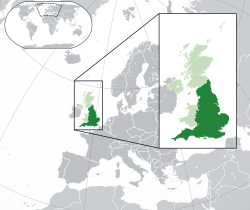 Location of  England  (dark green) – on the European continent  (green & dark grey) – in the United Kingdom  (green)