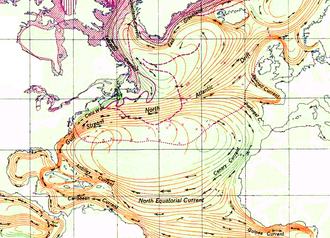 Carte montrant les principaux courants de l'océan Atlantique Nord