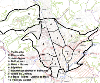 plan représentant la commune de Belfort et ses dix quartiers